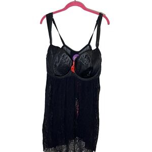 Cacique Satin Lace Underwire Babydoll Chemise Set 24 Black Bow Feminine Romantic
